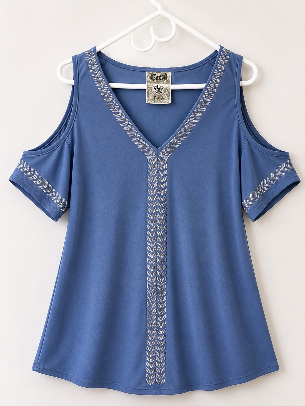 Vocal Steel Blue Cold-Shoulder V-Neck Tank with Chevron Trim